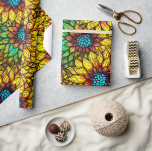 Elegante zonnebloemen faux Glas in lood Cadeaupapier