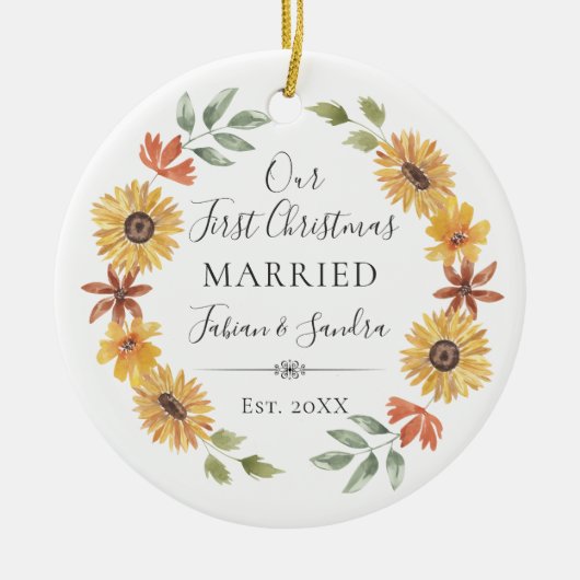 Elegante zonnebloemen onze eerste kerst getrouwd keramisch ornament (Voorkant)