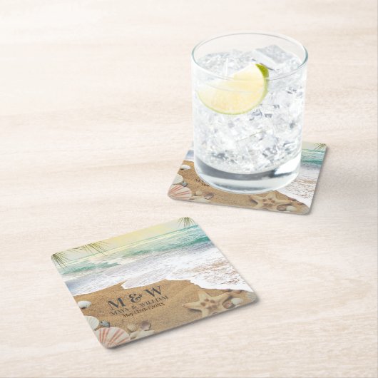 Elegante Zonneschijn En Blauwe Oceaan Strand Vierkante Kartonnen Onderzetter (Insitu)