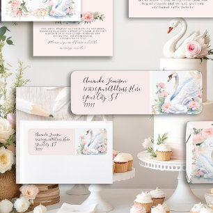 Elegante Zwaan Bloemen Roze Lint Retouradres Etiket