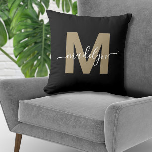 Elegante Zwarde Gouden Initiële Naam Monogram Kussen