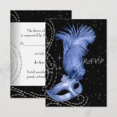 Elegante zwart-blauwe Masquerade Party RSVP (Voorkant / Achterkant)