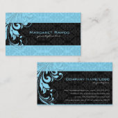 Elegante zwart en blauw  bloemdamast visitekaartje (Voorkant / Achterkant)