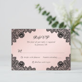 Elegante zwart en blos bloemenkant bruiloft RSVP (Staand voorkant)