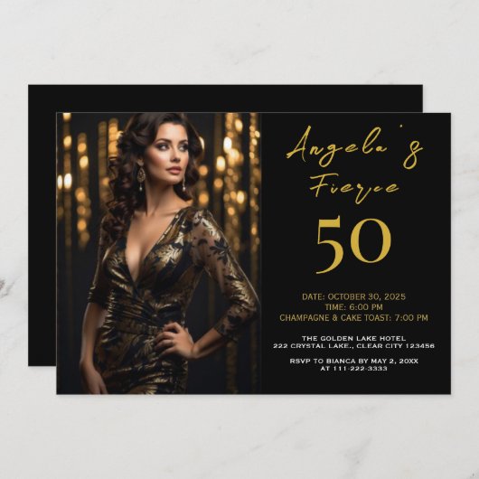 Elegante zwart en goud 50e uitnodiging (Voorkant / Achterkant)