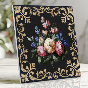 Elegante Zwart en Goud Bloemrijke Barok Tegeltje