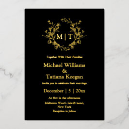 Elegante zwart en goud botanische monogram bruilof folie uitnodiging