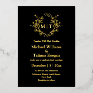 Elegante zwart en goud botanische monogram bruilof folie uitnodiging
