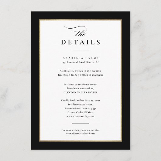 Elegante zwart en goud bruiloft details informatiekaartje (Voorkant)