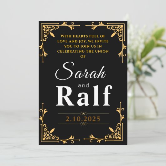 Elegante zwart en goud bruiloft uitnodiging (Staand voorkant)