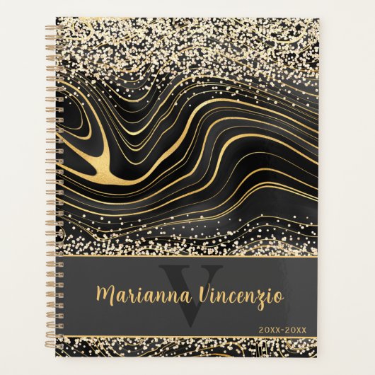 Elegante zwart en goud glitter marmeren kunst planner (Voorkant)