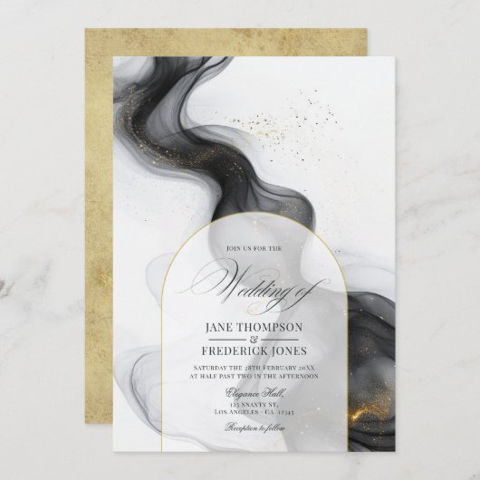 Elegante zwart en goud marmeren inkt bruiloft kaart (Voorkant / Achterkant)