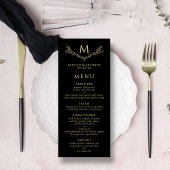 Elegante zwart en goud monogram krans bruiloft menu