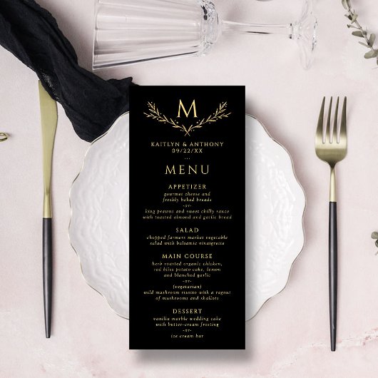 Elegante zwart en goud monogram krans bruiloft menu