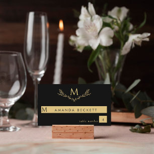 Elegante zwart en goud monogram krans bruiloft plaatskaartje