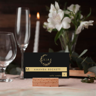 Elegante zwart en goud monogram krans bruiloft plaatskaartje