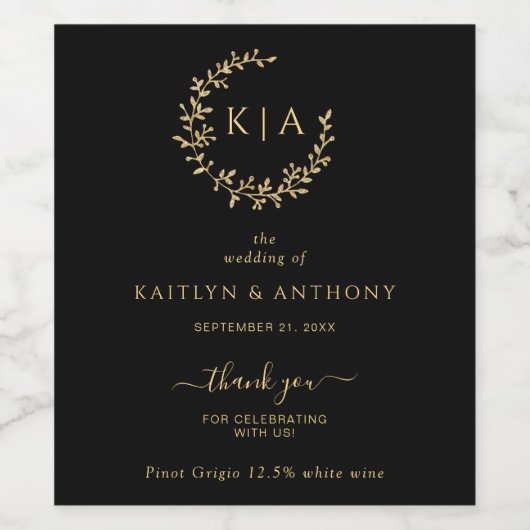 Elegante zwart en goud monogram krans bruiloft wijn etiket (Enkel label)