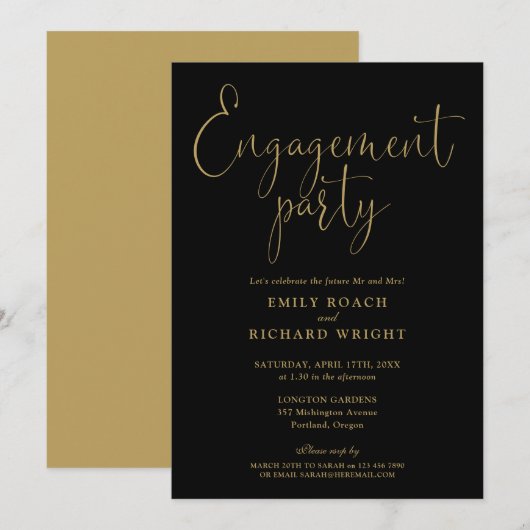 Elegante zwart en goud script verlovingsfeest kaart (Voorkant / Achterkant)