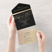 Elegante Zwart en Goud String Lights Wedding All In One Uitnodiging (Afscheurbaar)