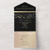 Elegante Zwart en Goud String Lights Wedding All In One Uitnodiging (Binnen)