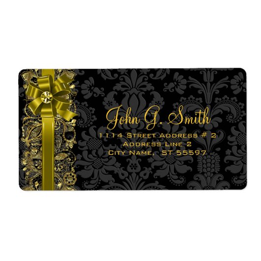 Elegante zwart en gouden bloemdamast en kant etiket (Voorkant)