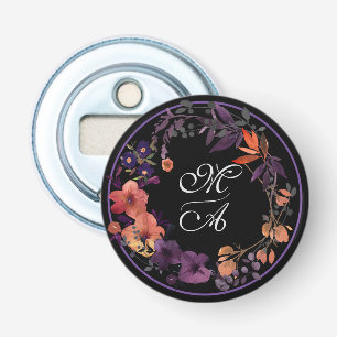 Elegante zwart en Paarse bloemenbruiloft gunst Button Flesopener