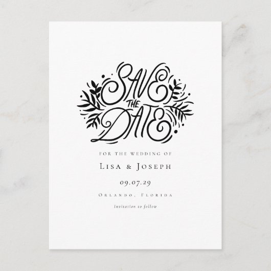 Elegante Zwart en Wit Calligrafie Save the Date Briefkaart (Voorkant)