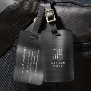Elegante zwart geborstelde metalen met monogram bagagelabel