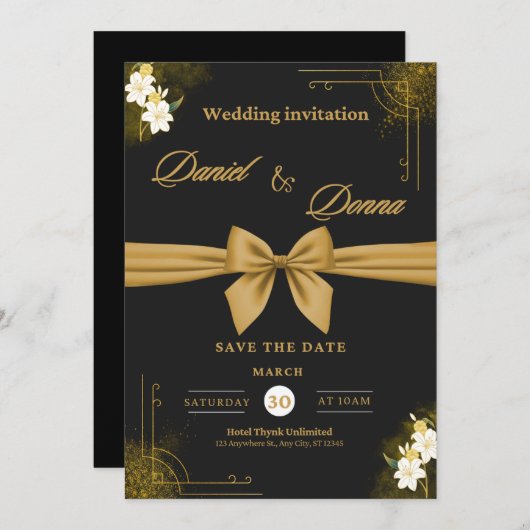 Elegante Zwart & Goud Bloemen Huwelijksuitnodiging Aankondiging (Voorkant / Achterkant)