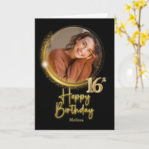 Elegante Zwart & Goud Foto Naam 16e Verjaardag Kaart