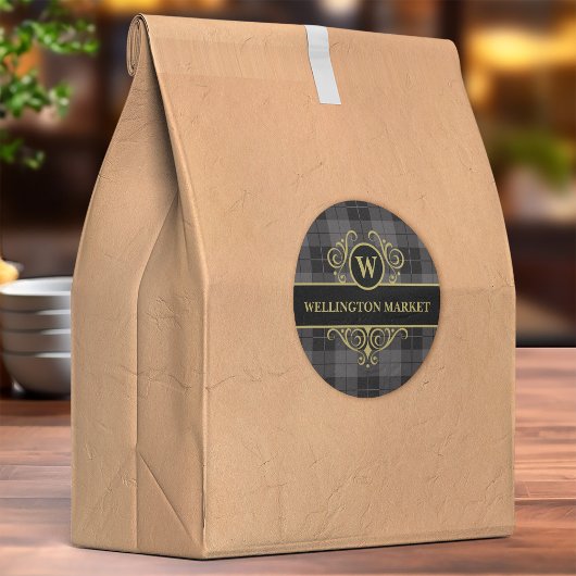 Elegante zwart goud geruite monogram business labels