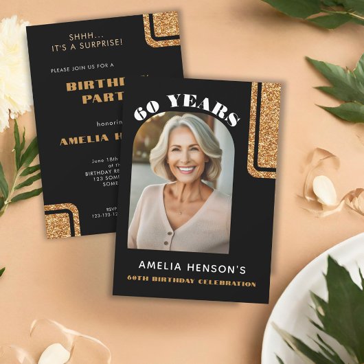 Elegante Zwart Goud Glitter Foto 60e Verjaardag Kaart
