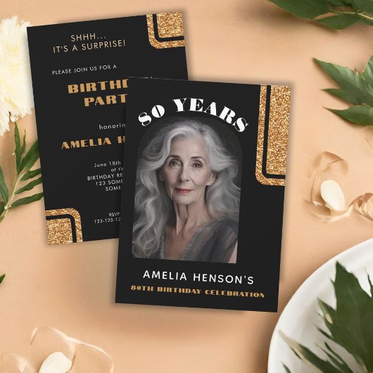 Elegante Zwart Goud Glitter Foto 80e Verjaardag Kaart