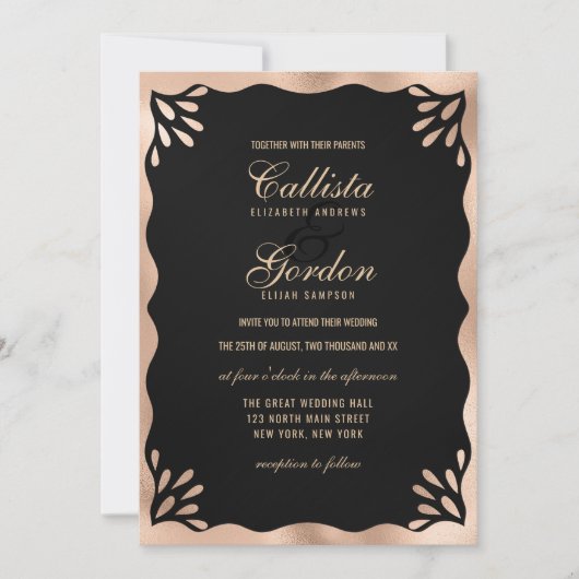 Elegante Zwart Goud Metallic Wavy Border Wedding Kaart (Voorkant)