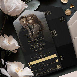 Elegante Zwart & Goud Monogram Krans Trouwfoto All In One Uitnodiging