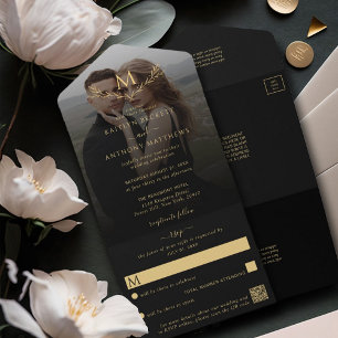 Elegante Zwart & Goud Monogram Krans Trouwfoto All In One Uitnodiging