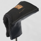 Elegante zwart goud monogrammed scriptnaam golfheadcover (3/4 voorkant)