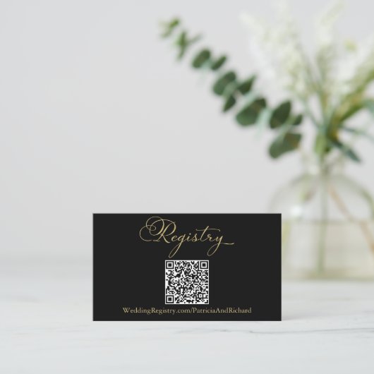 Elegante Zwart Goud QR Code Trouwregister Informatiekaartje (Staand voorkant)