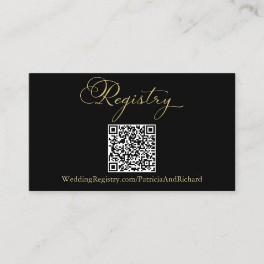 Elegante Zwart Goud QR Code Trouwregister Informatiekaartje (Voorkant)