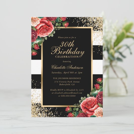 Elegante Zwart Goud Rode Roos Bloemen 30e Verjaard Kaart (Staand voorkant)