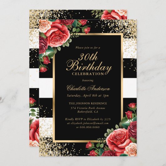 Elegante Zwart Goud Rode Roos Bloemen 30e Verjaard Kaart (Voorkant / Achterkant)