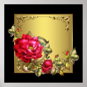 Elegante zwart goud rode roos kunstprint poster