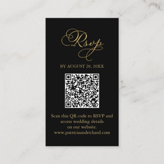 Elegante Zwart Goud Script Wedding QR RSVP Informatiekaartje (Voorkant)