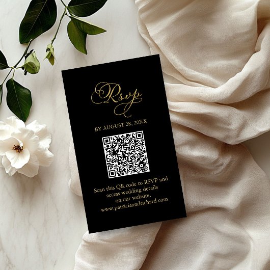 Elegante Zwart Goud Script Wedding QR RSVP Informatiekaartje
