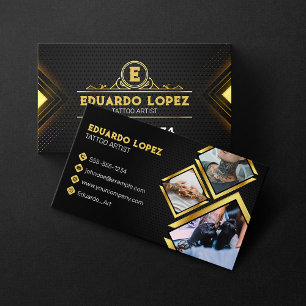Elegante Zwart & Goud Tattoo Artist Salon Foto Visitekaartje