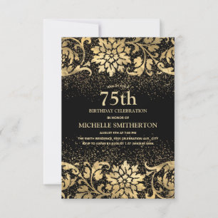 Elegante Zwart Gouden Bloem Glitter 75e Verjaardag Kaart