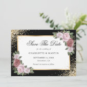 Elegante zwart gouden Confetti blos bloemenbruilof Save The Date (Staand voorkant)
