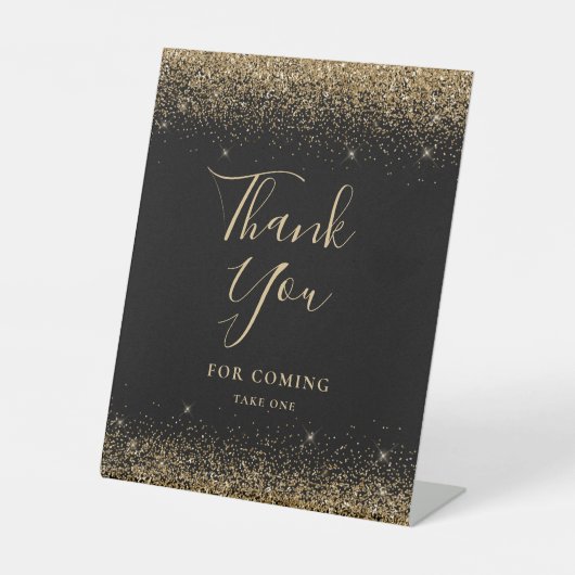 Elegante zwart gouden glitter bruiloft bedankt reclamebord met voetstuk (Voorkant)