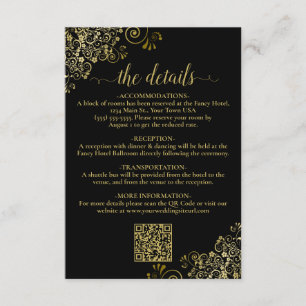 Elegante Zwart & Gouden Huwelijk QR Code Details Informatiekaartje