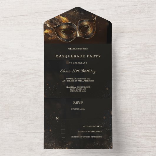 Elegante zwart-gouden maskerade met RSVP All In One Uitnodiging (Binnen)